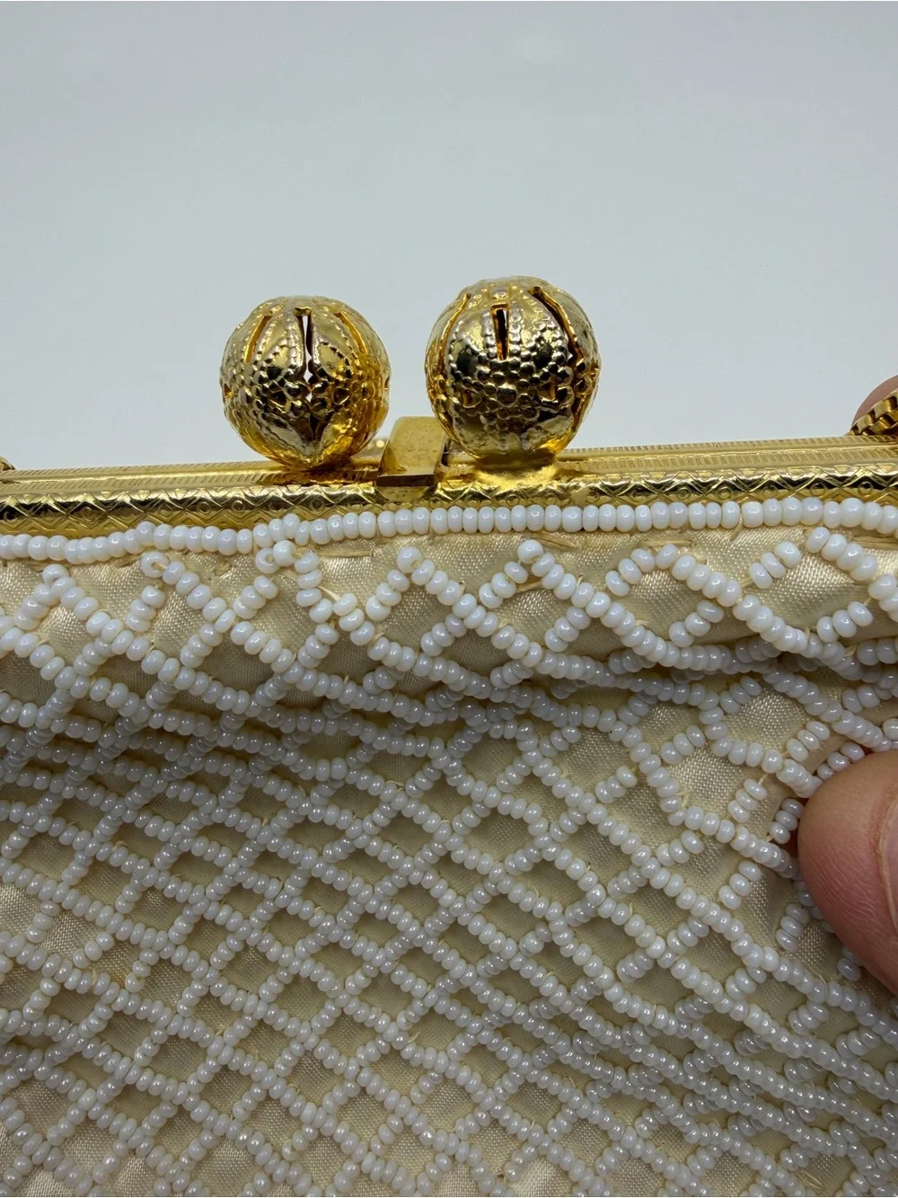 Walborg Ivory Beaded Satchel with Gold Frame and Chain
